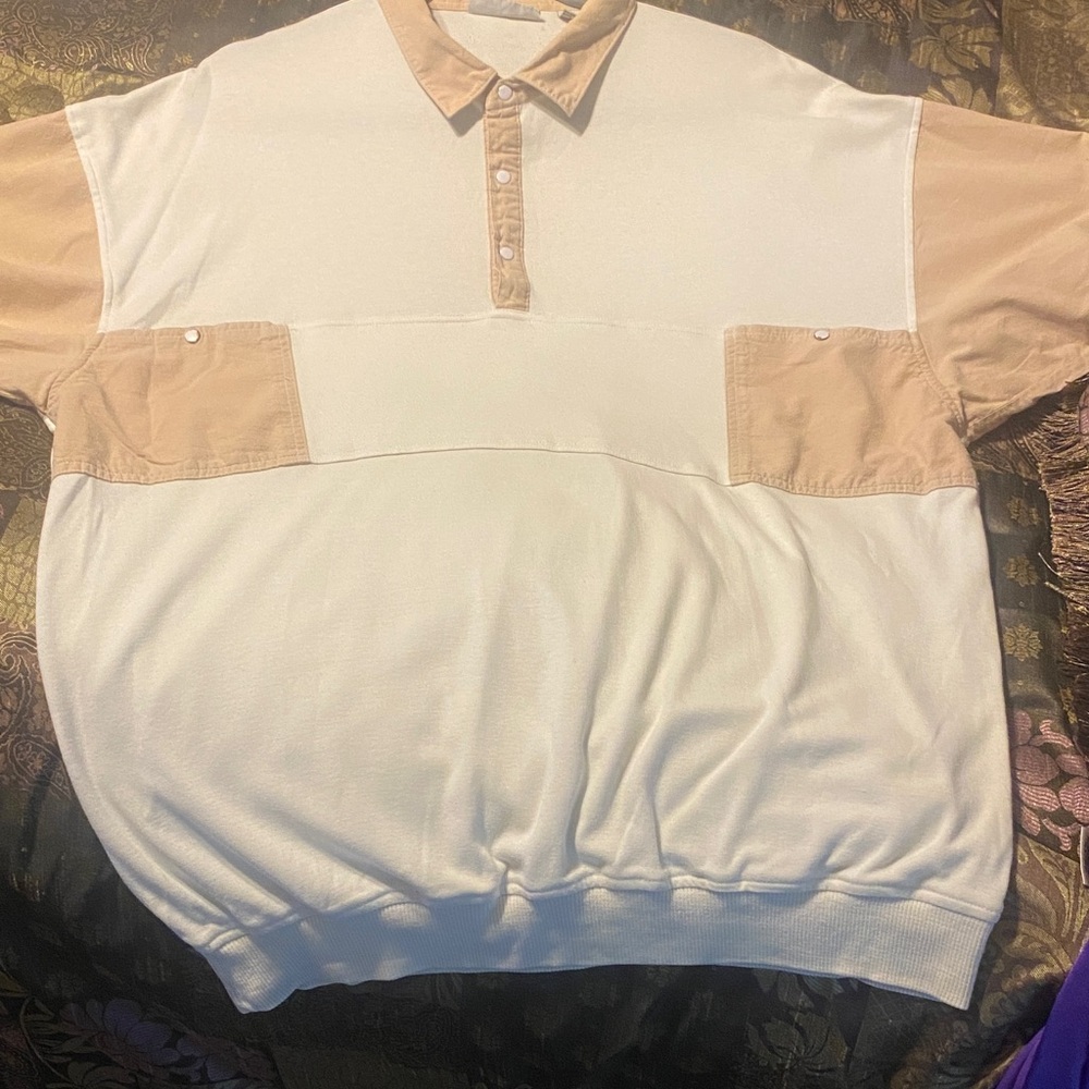 Members Only White and Tan Casual Button Down Shirt - Vintage 2X